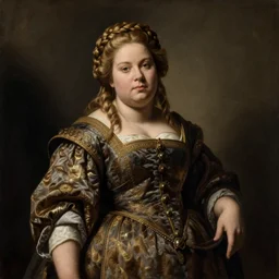 female dwarven noblewoman, chubby short stature, braided intricate hair, by gabriel metsu