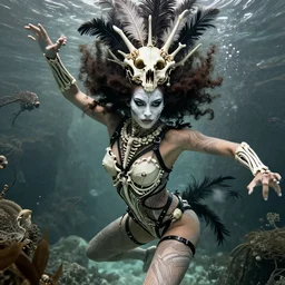 fierce looking beautiful young women dancing underwater with afro hair and symmetrical white makeup, black leather straps, wearing intricate bodysuit and headdress made from white bones and black feathers, hyperdetailed illustration by irakli nadar and alexandre ferra, intricate linework, in the style of a national geographic portrait, unreal engine 5 highly rendered, global illumination, radiant light, detailed and intricate environment