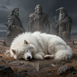 giant sleeping ( samoyed ) creature in a tundra landscape, dramatic lighting, moody : : by michal karcz, daniel merriam, victo ngai and guillermo del toro : : ornate, dynamic, particulate, intricate, elegant, highly detailed, centered, artstation, smooth, sharp focus, octane render, 3 d