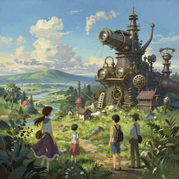 a beautiful landscape painting of steampunk landscape, by jean - honore fragonard and don bluth and makoto shinkai, trending on artstation, octane render