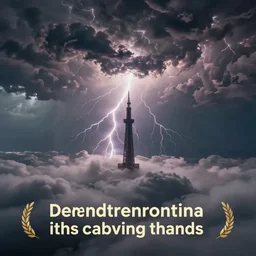 strange and ominous clouds with lightning and a tower rising through the mist, vapor wave