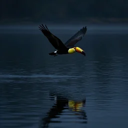 toucan flying on a lake, reflections, midnight, lake, reflections, dark, mystery, wavy lake, dark atmosphere, dark sky