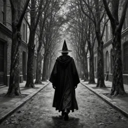 photo - realistic, painting of a wizard walking alone in the boulevard of broken dreams, painted black, hyper detail, in the style of beeple, rule of thirds