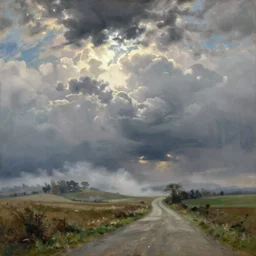 painting by sargent and leyendecker and greg hildebrandt savrasov levitan low clouds on the earth foggy overcast landscape and country road without figures