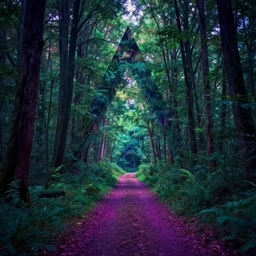 a portal in the forest in the shape of a triangle that leads to a psychedelic vapor wave alternate universe, 8k, trees, path