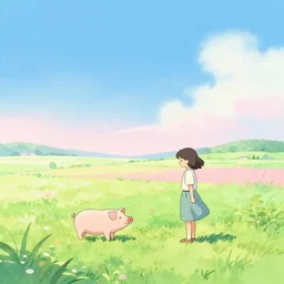 landscape, a girl talking to a pig, gentle gradients, sunlit, blue sky, japanese countryside. green and pink and blue, bright pastel watercolour, by chihiro iwasaki