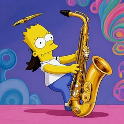Lisa Simpson falling into a giant saxophone, psychedelic art, uhd, matte painting