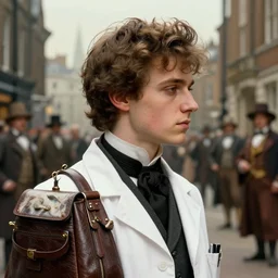 profile face portrait of a young person named percy toplis dressed as a 1 8 8 0 s doctor with a gladstone bag, nicoletta ceccoli, mark ryden, lostfish, hyung tae, frank frazetta, depth of field, detailed and intricate victorian london environment, 8 k resolution, hyperrealistic, octane render