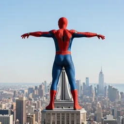 marvel spider - man arms out from back standing on top of the empire state building