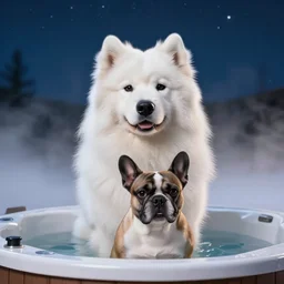 a samoyed with a [ french bulldog ] sitting in a hottub, highly detailed, sharp focus, trending on art station, fog and starry skies