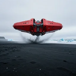 cinematic shot of giant symmetrical red military spacecraft landing on an endless black sand beach in iceland with icebergs in the distance, 2 8 mm, shockwave