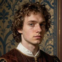 close - up portrait of renaissance dressed young man, background with wallpaper, art by jan van eyck