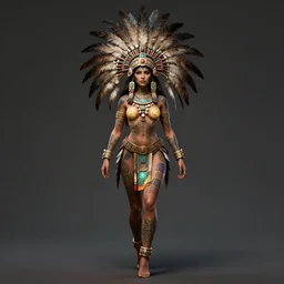 character design, aztec warrior goddess, crown of body length feathers, full body, glowing aztec tattoos, beautiful, dark fantasy