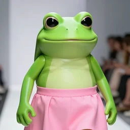 fashion show with a super angry smiling green tree frog dressed in a pink skirt,, photo realistic, matte image