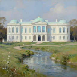 the delicate opal palace overlooks the gentle stream. oil painting by the award - winning concept artist