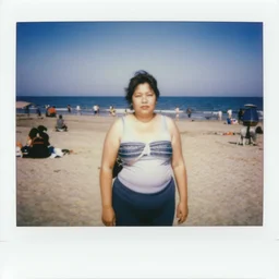 polaroid photo of a fat lady at the beach. photo by martin parr. satirical and anthropological look at aspects of modern life. flash photography