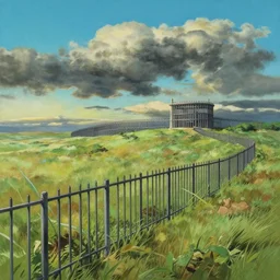 gouache matte painting!!! landscape with metal fence, jail in far distance, dramatic daytime, cinematic angle, studio ghibli, makoto shinkai, pixar painting, cinematic lighting, detailed gouache painting, hyperrealistic, 8 k