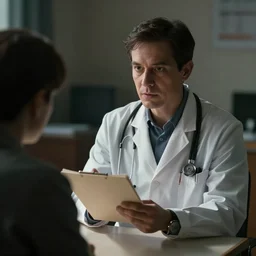 a cinematic shot of an doctor reading his notes, talking to a patient, moody lighting, action, movie still, shallow depth of field, muted colors