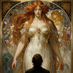 giant woman standing over someone looking down, intricate, highly detailed, digital painting, artstation, concept art, smooth, sharp focus, illustration, Unreal Engine 5, 8K, art by artgerm and greg rutkowski and alphonse mucha
