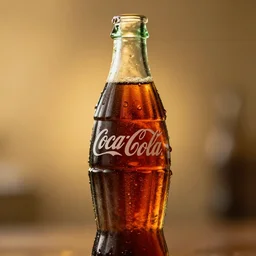 coca - cola bottle in the center, droplets flow down the bottle, soft warm light, ultra - quality, super detail work, play of light, yellow light shining through, focus unreal engine 5,