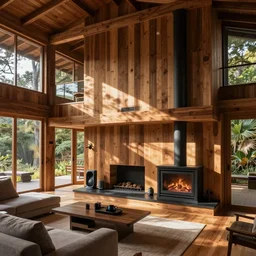 luxurious wooden cottage, modern Japanese living room, high-tech devices, traditional fireplace, real estate photography