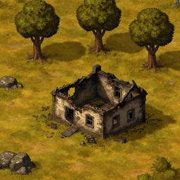 the burned down ruins of a cottage in the middle of an empty field with 3 trees in the background and some rocks on the left from a fantasy themed point and click 2 d graphic adventure game, set design inspired by hg giger and tomb raider, art inspired by thomas kinkade