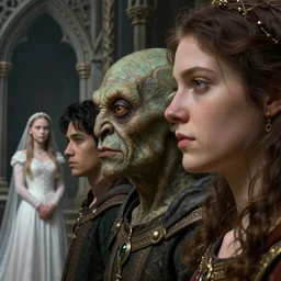 closeup profile medieval nicoletta ceccoli, mark ryden, lostfish, hyung tae, frank frazetta, face portrait of medieval goblin and greta thunberg marriage portrait, depth of field, detailed and intricate gothic environment, 8 k resolution, hyperrealistic, octane render