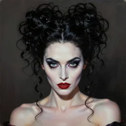 painting of a gorgeous self conscious, disparaging female villain in the style of lise deharme, hyperrealistic eyes, curly hair, very elaborate hairstyle, low contrast, silk skin