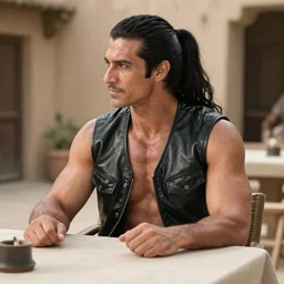 muscular man sitting at table on tatooine, wearing a black black black leather vest vest vest, no shirt, shirtless, long long black black hair in a ponytail ponytail 0 0 0 0 0 0