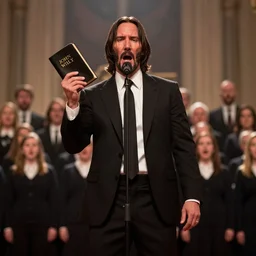 cinematic still of John Wick singing on stage holding a Bible in John Wick (2009). loud singing. church choir behind. heavenly lighting. shallow depth of field, cinematic