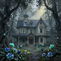 victorian house in a forest with obsidian trees and Opal flowers, jade, lapis, eerie, sunshine, rays of light, painting, trending on artstation, octane render, atmospheric lighting, misty, rain