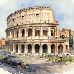 watercolor painting of rome, run down, trashy ambient lighting and shadows