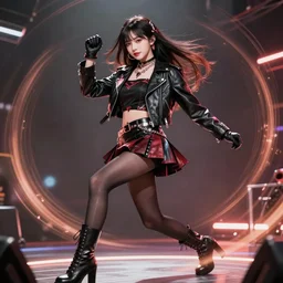 a dynamic, epic cinematic 8K HD movie shot of a japanese beautiful cute young J-Pop idol actress yakuza rock star girl wearing leather jacket, miniskirt, nylon tights, high heels boots, gloves and jewelry. Motion, VFX, Inspirational arthouse, at Behance