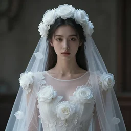 hight focus of a wonderful realistic focused sweet wonderful symmetrical centered mid portrait of a lonely wonderful woman with a detailed wonderful, majestic, large semi transparent white cotton dress ornate with semi transparent white cotton roses and semi transparent white veils, dramatic light, octane render, - 8 k