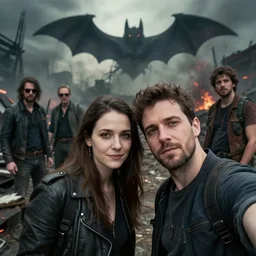 2 influencers taking a selfie, apocalypse in batckground, 4 k, detailed, realistic
