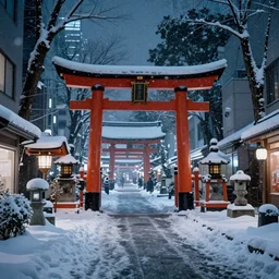 a city street at night with a Japanese shrine on it, snowing, photograph, cyberpunk, sharp focus, intricate detail, drone shot, high resolution, 8k, neon streetlights, wires hanging down everywhere, Japan, colourful,,