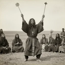 old photograph of an ancient shaman performing a divine pagan ritual