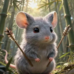 dungeons and dragons fantasy painting, portrait of an ahigaru mouse mage, whimsical and cute, determined expression, watery eyes, anime inspired by krenz cushart, light grey fur, tufty whiskers, feathered arrows, bamboo forest, dawn lighting, by brian froud jessica rossier and greg rutkowski