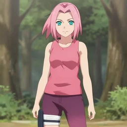 Sakura from Naruto wearing a tank top and short leggings, anime.