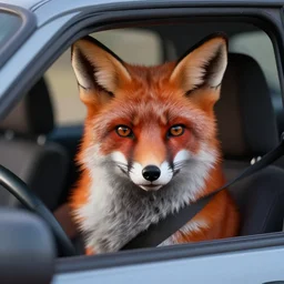a fox driving a car, portrait, fantasy, beautiful face, vivid colors, elegant, concept art, sharp focus, digital art, Hyper-realistic, 4K, Unreal Engine, Highly Detailed, HD, Dramatic Lighting by Brom, trending on Artstation