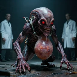 a full body wet skin creature under stage light, crawling humanoid monsters, smile face,, labcoats, sci - fi equipment, saliva, membrane pregnancy sac, respiratory flap, super realism, claws, octane rendering, cinematic light. medium shot, 2 4 mm, david fincher, james wan, gritty, moody, eerie, dark arts, red glowing eyes.