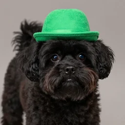 A black shihpoo with a green hat