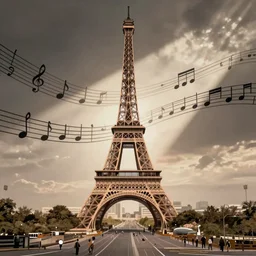 full view of eiffel tower made of music notes