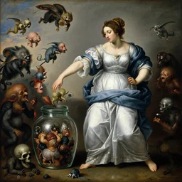 a painting of pandora opening her jar, releasing monsters and critters that impersonate sickness and death, misery, she is fully dressed, in the style of realism and a masterpiece by artemisia gentileschi, critters flying around