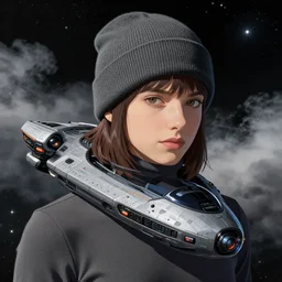 glamor portrait, protoss spaceship in deep space, electric vehicle, beanie, turtleneck, stars, cloudy background, intricate detailed hyperrealistic by mandy jurgens and studio ghibli and alyssa monks, bold colors, artstation