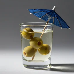 clear glass with olive and umbrella, an 8 k photograph. volumetric lighting, sub surface scattering, masterpiece, artgem. hard light, high detail