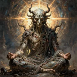 the platonic ideal of meditating of an sci fi ancient god ultimate dementor, detailed, intricate, hyperrealism, intense, scary, decay, dmt, art by brock hofer and artgerm and greg rutkowski and alphonse mucha