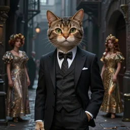 film still, cartoonish cat in a suit in a dark alley, deep focus, d & d, fantasy, intricate, elegant, highly detailed, digital painting, artstation, concept art, matte, sharp focus, illustration, hearthstone, art by artgerm and greg rutkowski and alphonse mucha.