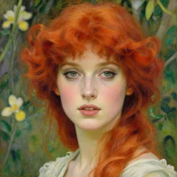 a beautiful red haired woman in a garden, beautiful highly detailed face, stunning painting by irakli nadar and alphonse mucha