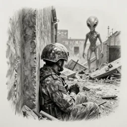 pencil art, distant shot, realistic, cinematic, hyper detailed, smooth, soldier hiding behind wall, alien figure in the background, in a war torn area